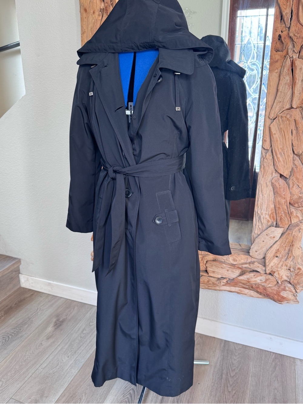 Women’s Black Hooded Trench Coat - Classic Belted Overcoat